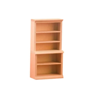 Miniature dollhouse unfinished wood stepped bookcase featuring two sections with 5 total shelves, crown molding trim, and natural unpainted wood finish, perfect for 1:12 scale dollhouse display furniture.