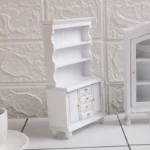 Miniature dollhouse unfinished wood hutch featuring three open shelves with beadboard backing, four central drawers, two cabinet doors, bun feet, and brass hardware in natural unpainted wood finish, perfect for 1:12 scale dollhouse furniture.