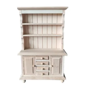 Miniature dollhouse unfinished wood hutch featuring three open shelves with beadboard backing, four central drawers, two cabinet doors, bun feet, and brass hardware in natural unpainted wood finish, perfect for 1:12 scale dollhouse furniture.