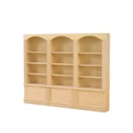 Miniature dollhouse triple bookcase in unfinished natural wood featuring three matching sections, each with arched top design and four adjustable shelves, plus decorative base panels, perfect for 1:12 scale dollhouse wall unit.