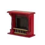 Miniature dollhouse fireplace in deep red featuring classic turned posts, a black insert with gold metal grate, and traditional Victorian mantel design.