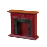 Miniature dollhouse fireplace featuring a classic burgundy painted wooden mantel with decorative carved detail, black insert with vertical grooves, and brown wooden top shelf.