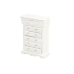 Elegant miniature Victorian-style white dresser featuring five spacious drawers with gold knobs, decorative crown molding, carved top panel and scalloped base, perfect for 1:12 scale dollhouse bedroom furniture.