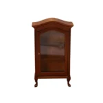 Miniature dollhouse display cabinet in walnut brown featuring curved crown top, glass door with brass knob, three interior shelves, and elegant Queen Anne legs, perfect for 1:12 scale dollhouse furniture.