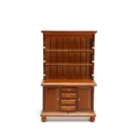 Miniature dollhouse walnut hutch cabinet featuring three open display shelves with paneled backing, four central drawers, two cabinet doors, and bun feet in rich brown finish, perfect for 1:12 scale dollhouse furniture.