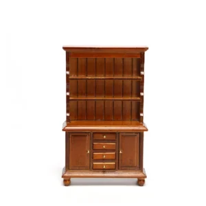 Miniature dollhouse walnut hutch cabinet featuring three open display shelves with paneled backing, four central drawers, two cabinet doors, and bun feet in rich brown finish, perfect for 1:12 scale dollhouse furniture.