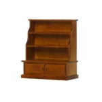 Miniature dollhouse stepback cabinet in warm walnut finish featuring three graduated display shelves and two-door storage base, perfect for 1:12 scale dollhouse furniture collection.