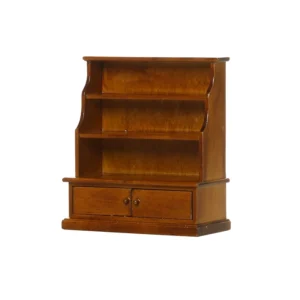 Miniature dollhouse stepback cabinet in warm walnut finish featuring three graduated display shelves and two-door storage base, perfect for 1:12 scale dollhouse furniture collection.