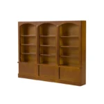 Miniature dollhouse triple bookcase in rich walnut brown featuring three matching sections, each with arched top design and four adjustable shelves, plus decorative base panels, perfect for 1:12 scale dollhouse wall unit.