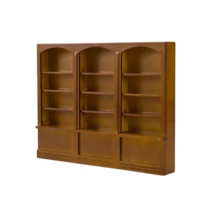 Miniature dollhouse triple bookcase in rich walnut brown featuring three matching sections, each with arched top design and four adjustable shelves, plus decorative base panels, perfect for 1:12 scale dollhouse wall unit.