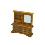 Miniature dollhouse dresser in warm walnut finish featuring an integrated mirror, display shelves, multiple drawers, cabinet storage, and decorative crown molding.