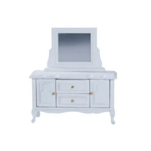 Miniature dollhouse dressing table in pure white featuring adjustable mirror, two drawers with gold knobs, two side cabinets, and curved legs in elegant classic style.