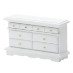 Elegant 1:12 scale white colonial style wide dresser with eight drawers featuring gold knobs, decorative molding, scalloped base, and smooth painted finish for dollhouse bedroom furniture.