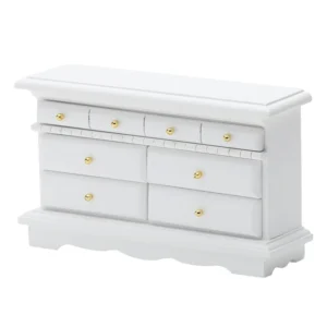 Elegant 1:12 scale white colonial style wide dresser with eight drawers featuring gold knobs, decorative molding, scalloped base, and smooth painted finish for dollhouse bedroom furniture.