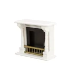 Miniature dollhouse fireplace in crisp white featuring elegant turned posts, a black insert with brass fire grate, and simple colonial mantel design.