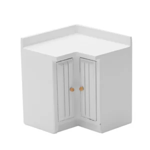 Miniature L-shaped corner cabinet in pure white featuring double doors with vertical grooves and brass knobs, perfect for modern dollhouse corner storage.