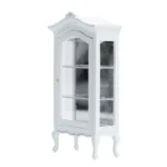 Miniature dollhouse corner display cabinet in pure white featuring curved crown top, full glass front and side panels, three interior shelves, elegant cabriole legs, and brass hardware, perfect for 1:12 scale dollhouse furniture.