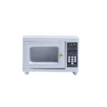 Modern white miniature microwave oven featuring digital display panel, numeric keypad, and viewing window with brass door latch for dollhouse kitchen.