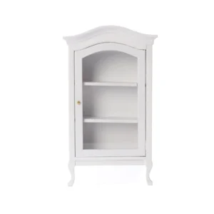 Miniature dollhouse display cabinet in white featuring curved crown top, glass door with brass knob, three interior shelves, and elegant Queen Anne legs, perfect for 1:12 scale dollhouse furniture.