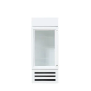 Modern white commercial display refrigerator with clear acrylic door, multiple glass shelves, and black ventilation grills at the bottom, perfect for miniature store or cafe settings.