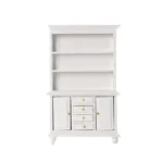 Miniature dollhouse white kitchen hutch featuring three open shelves, beadboard backing, four drawers, two cabinet doors, and gold hardware, perfect for 1:12 scale dollhouse furniture.