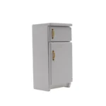 Miniature white refrigerator with top freezer and bottom fridge compartment, featuring gold handles and multiple interior shelves for dollhouse kitchen.