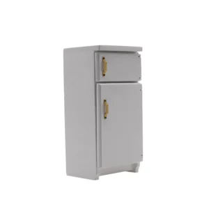 Miniature white refrigerator with top freezer and bottom fridge compartment, featuring gold handles and multiple interior shelves for dollhouse kitchen.