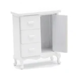 Miniature French Provincial style white nightstand with three drawers and side cabinet door, featuring curved cabriole legs and scalloped base, perfect for 1:12 scale dollhouse bedroom furniture.