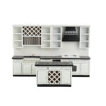 Three-piece dollhouse kitchen set in white with black countertops featuring two wall units with wine rack and range hood, plus matching island unit with dimensions display.