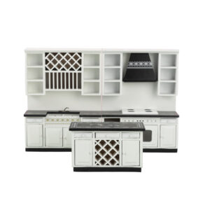 Three-piece dollhouse kitchen set in white with black countertops featuring two wall units with wine rack and range hood, plus matching island unit with dimensions display.