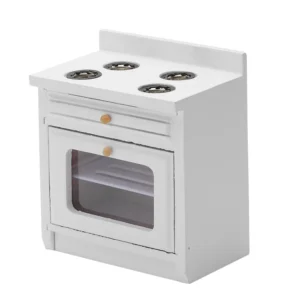 Dollhouse miniature white stove featuring four metal burners on top, a glass-front oven door, and wooden knobs, designed for modern dollhouse kitchens.