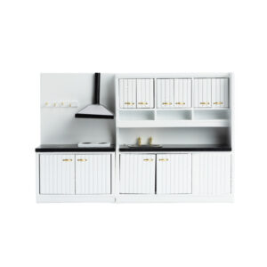 Two-piece dollhouse kitchen set in white featuring wall-mounted upper and lower cabinets with vertical grooved doors, black countertops, gold handles, built-in cooktop and sink with range hood.