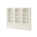 Miniature dollhouse triple bookcase in white featuring three matching sections, each with arched top design and four adjustable shelves, plus decorative base molding, perfect for 1:12 scale dollhouse wall unit.