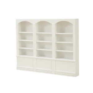 Miniature dollhouse triple bookcase in white featuring three matching sections, each with arched top design and four adjustable shelves, plus decorative base molding, perfect for 1:12 scale dollhouse wall unit.