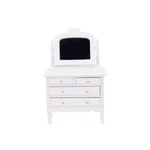 Miniature dollhouse dresser in pure white featuring a tilting mirror, four drawers with gold knobs, and decorative turned legs in Victorian style.