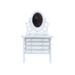 Miniature dollhouse dresser in pure white featuring a tilting oval mirror, four spacious drawers with gold knobs, and elegant turned legs in Victorian style.