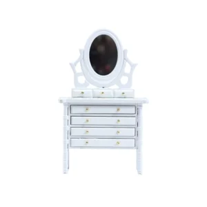 Miniature dollhouse dresser in pure white featuring a tilting oval mirror, four spacious drawers with gold knobs, and elegant turned legs in Victorian style.