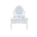 Miniature dollhouse vanity table in pure white featuring an oval tilting mirror with decorative frame, five drawers with gold knobs, and elegant curved legs in Victorian style.