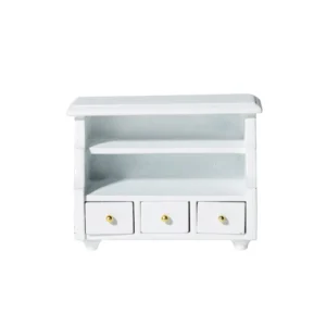 Miniature white wall-mounted cabinet with two open display shelves and three small drawers with gold knobs, perfect for 1:12 scale dollhouse bathroom or kitchen storage furniture.