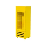 Modern bright yellow commercial display refrigerator with clear acrylic door panel, multiple transparent shelves, and horizontal ventilation slots at the bottom.