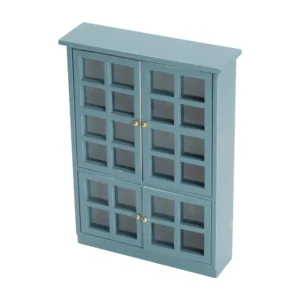 Miniature sky blue display cabinet featuring four glass-paneled doors with grid design, gold knobs, and multiple display compartments, perfect for dollhouse collections.