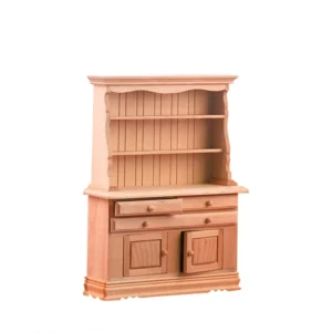 Beautifully crafted miniature hutch with shelves and drawers for dollhouse decoration.