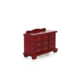 1:12 scale cherry red painted dresser featuring nine drawers with brass knobs, decorative curved backsplash, and bracket feet design for dollhouse bedroom furniture.