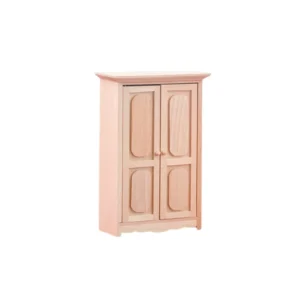 Elegant miniature wooden cabinet with decorative double doors, perfect for adding storage and style to dollhouse setups.