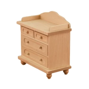 Unfinished classic miniature wooden chest of drawers featuring four functional drawers and a decorative backrest, designed for dollhouse use.