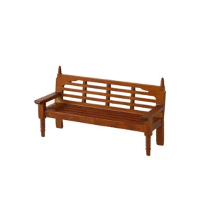 Classic wooden bench with a slatted back and decorative detailing, ideal for dollhouse settings.