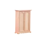 Miniature wooden cabinet featuring intricate door designs and a smooth finish, perfect for dollhouse decor and storage.