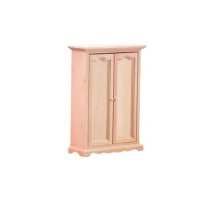 Miniature wooden cabinet featuring intricate door designs and a smooth finish, perfect for dollhouse decor and storage.