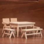 Long miniature wooden bench with a simple design, perfect for dollhouse settings or miniature displays.