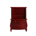 1:12 scale mahogany-finished bombé style hutch featuring three open display shelves, one drawer, two curved cabinet doors with brass knobs, and elegant Queen Anne legs for dollhouse furniture.